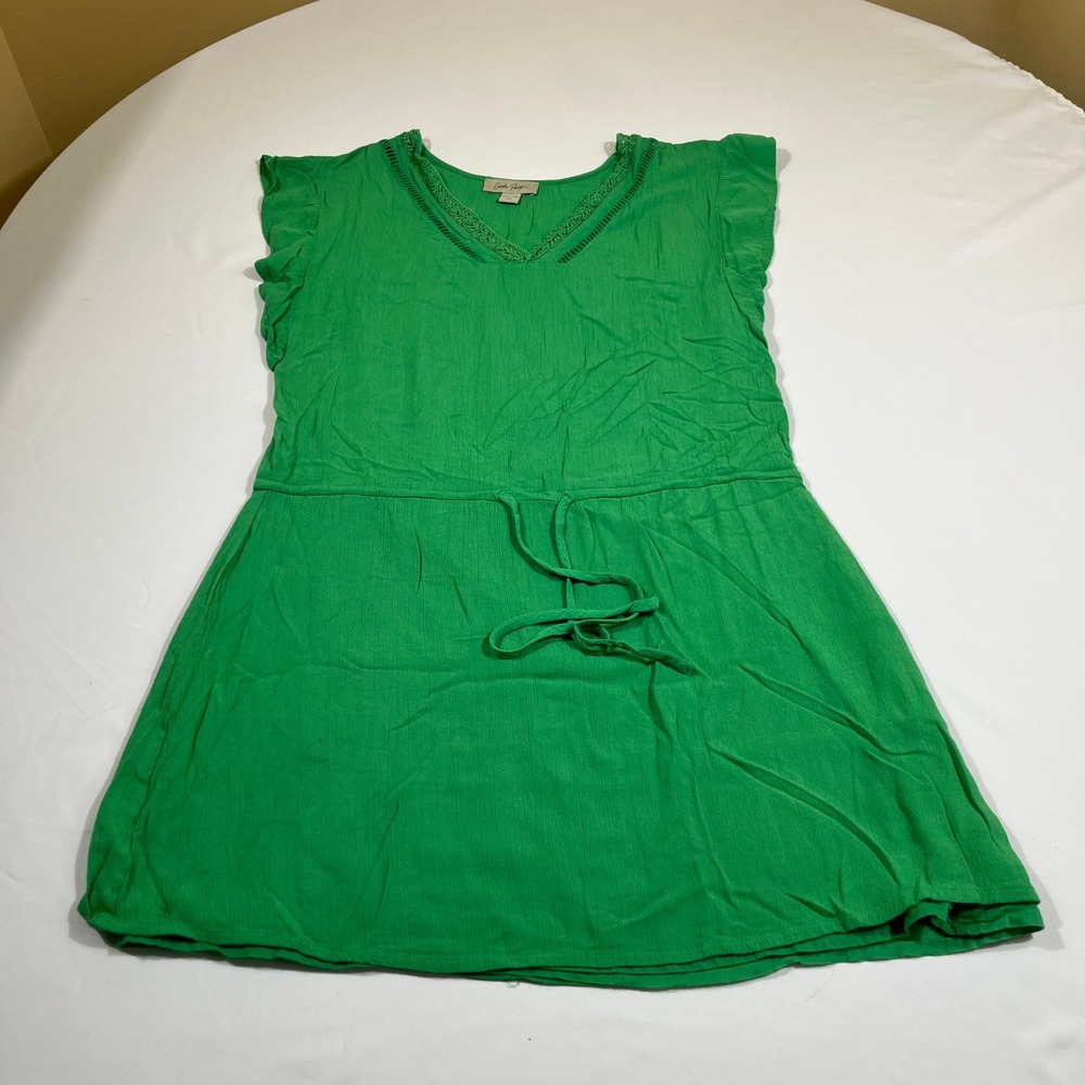 Charlie Paige Dress Women Small Green Boho Crochet V-Neck Ruffle Cap Sleeve